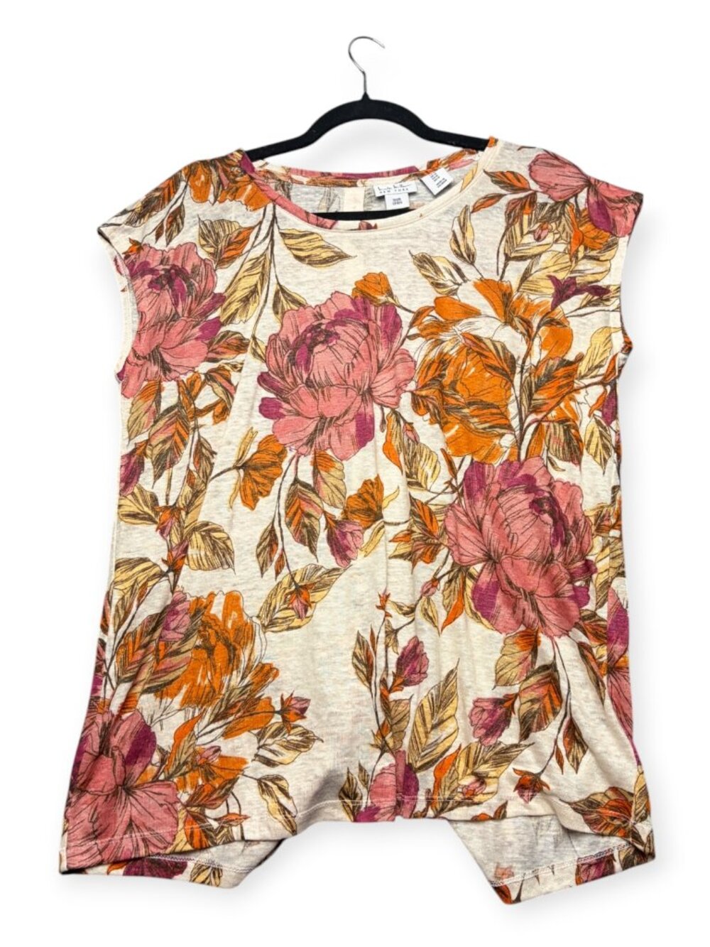 Nicole Miller Size M Pure Linen Blouse Top Short Sleeve Burgandy Orange Floral